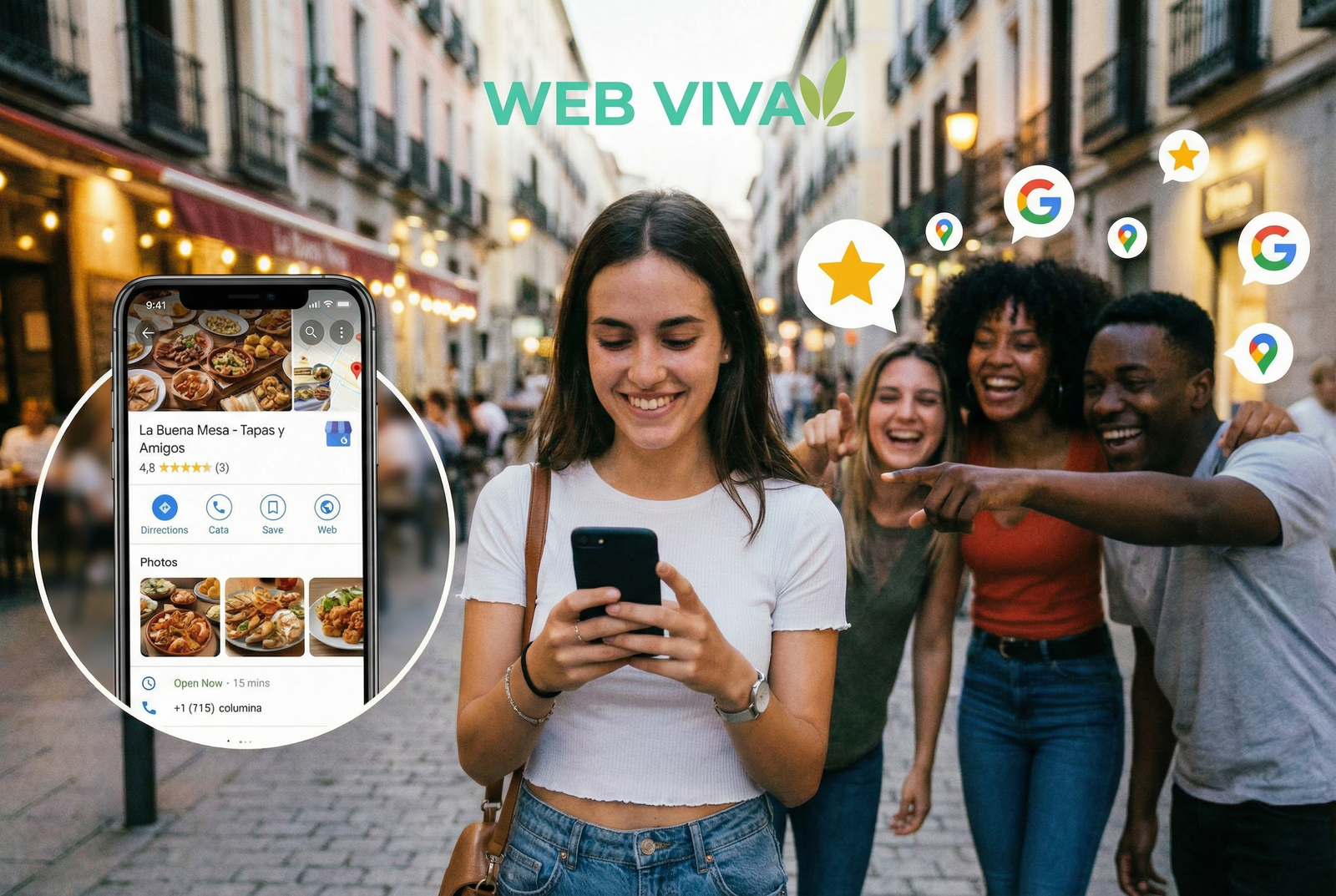 Comensales felices buscando restaurantes en Google Maps optimizados por WebViva